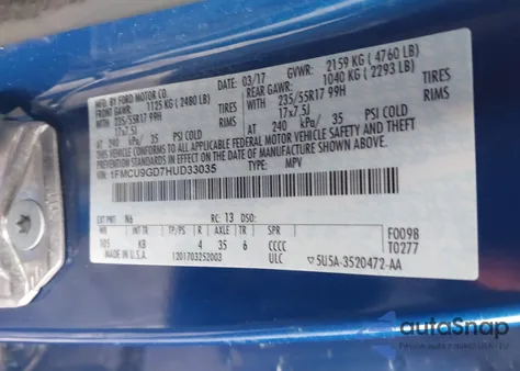 2017 Ford Escape Se z USA, uszkodzony, nr VIN 1FMCU9GD7HUD33035